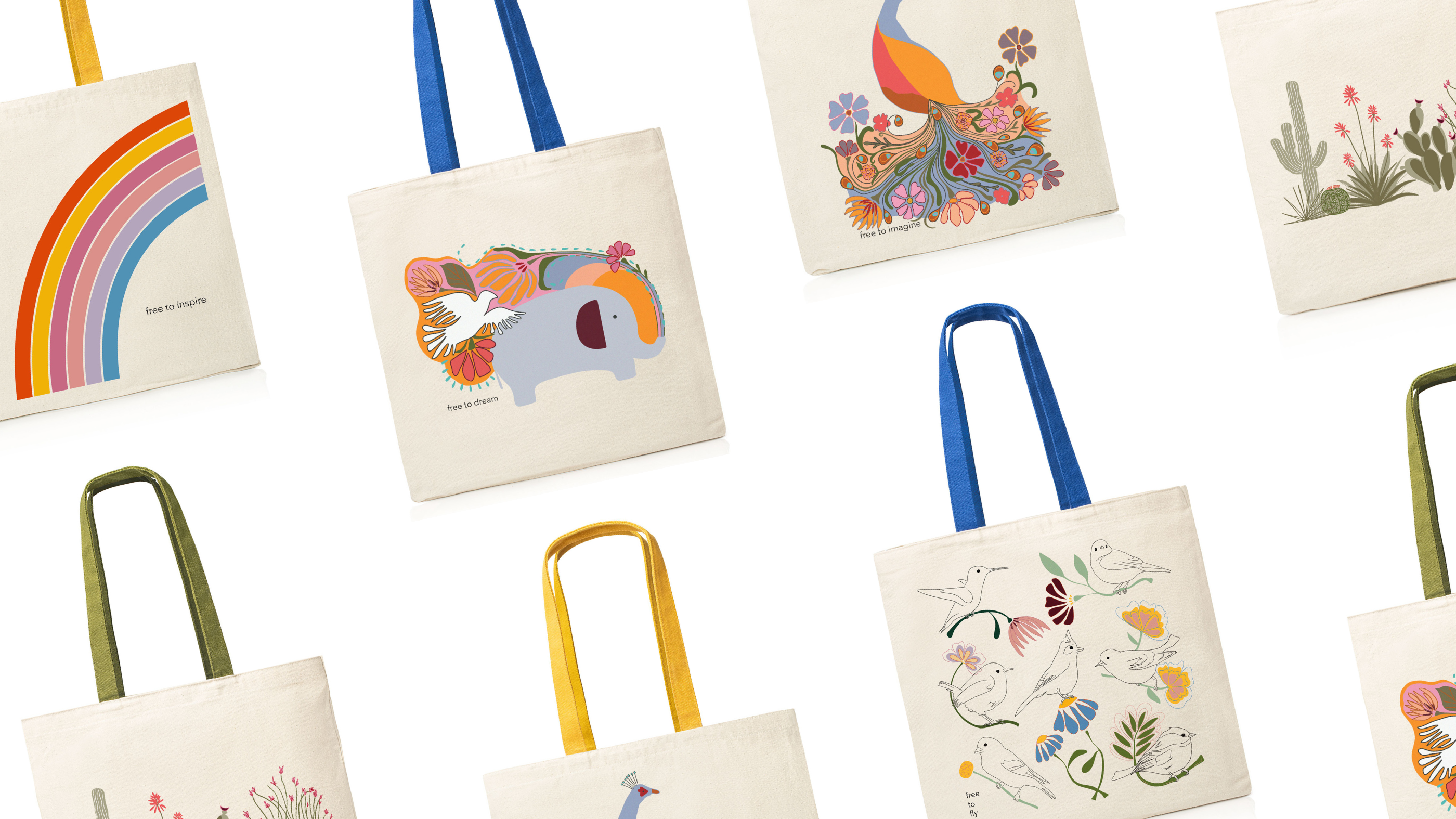 Collection of fair trade tote bags with colorful designs on a white background